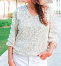 Load image into Gallery viewer, Ladies Champagne V Neck Sequin Top