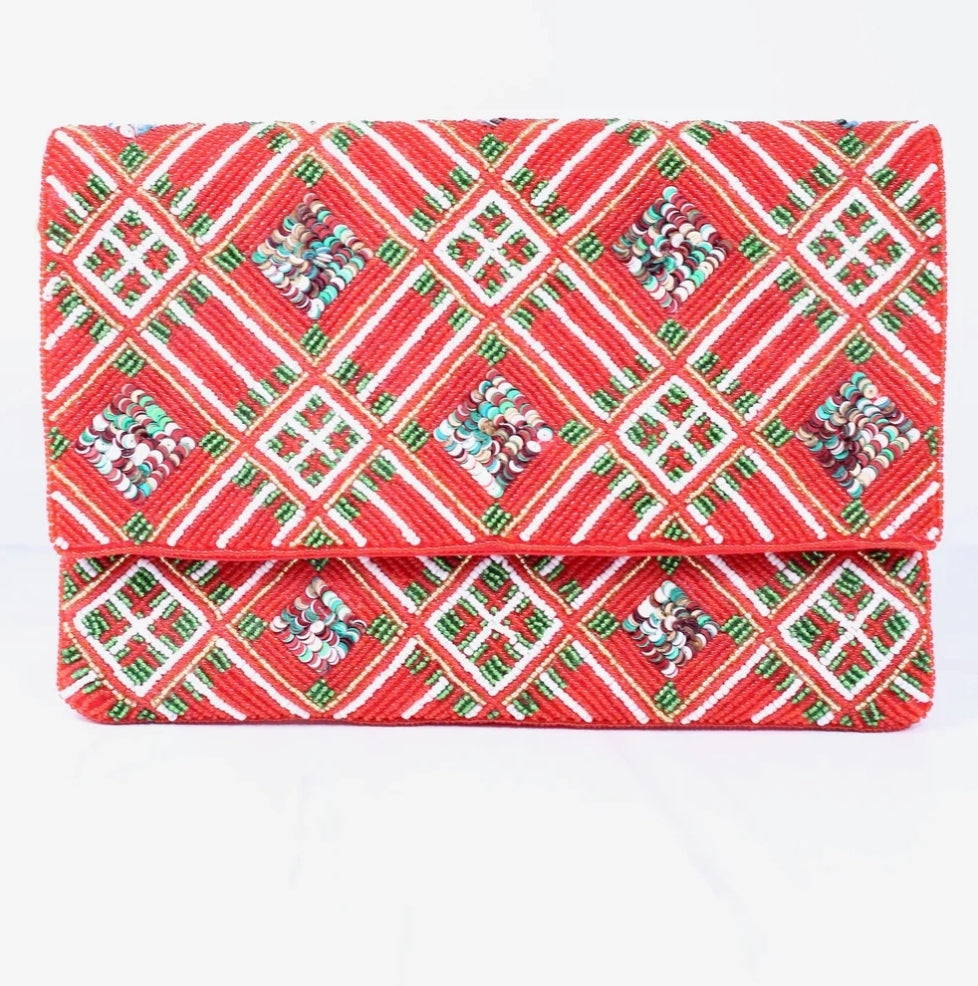 Holiday Christmas Plaid Beaded and Sequin Crossbody in Red, White, and Green