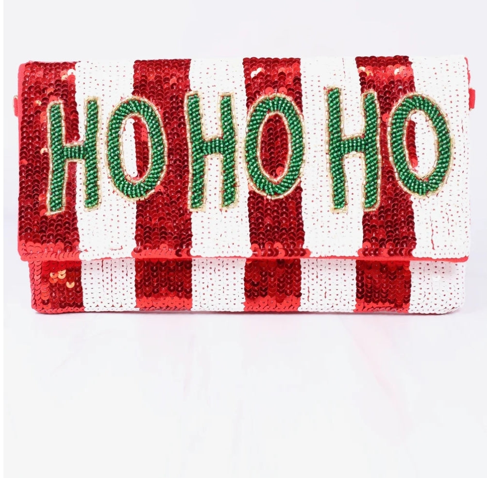 Holiday HO HO HO Beaded and Sequin Crossbody in Red, White, and Green