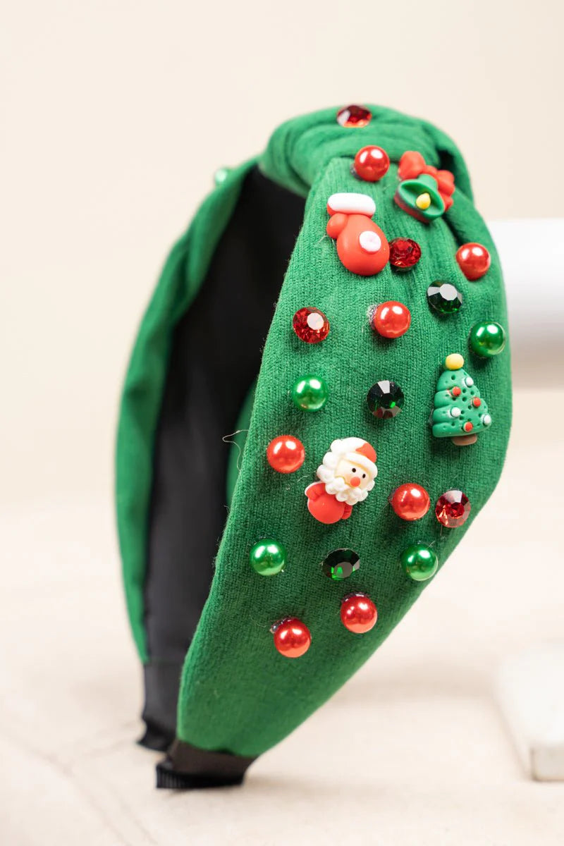 Holiday Beaded Headband - Green with Santas, Trees, and Mittens