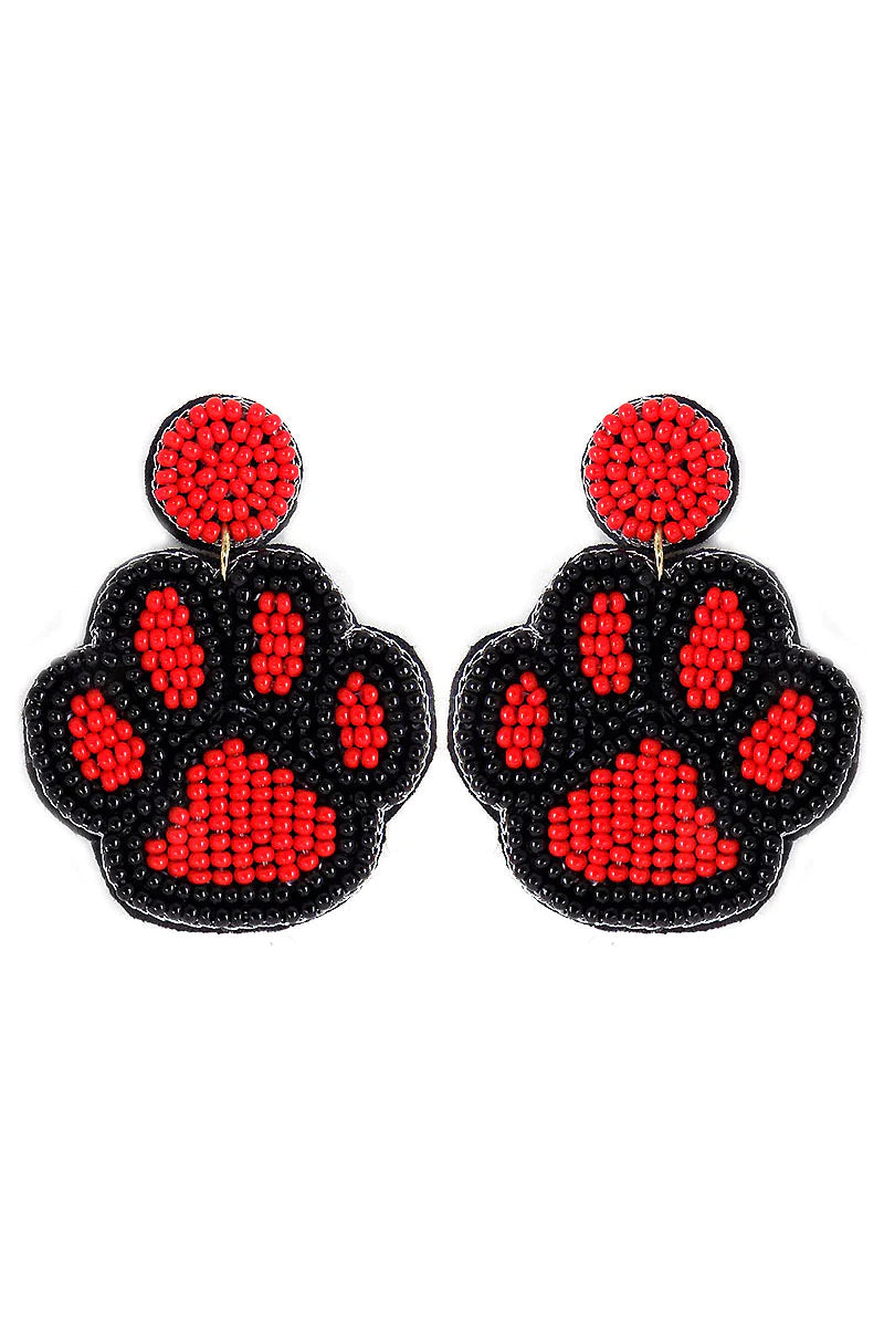 RED AND BLACK SEED BEAD PAW PRINT EARRINGS
