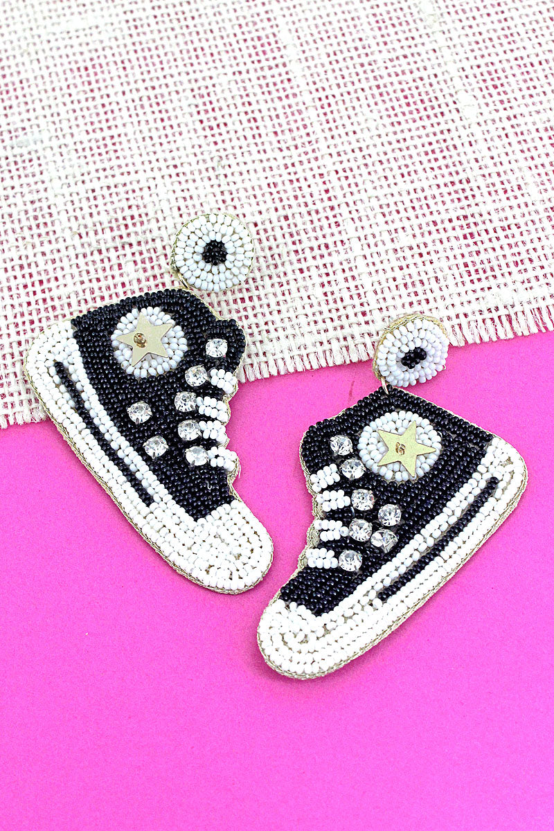 Luxury Beaded Earrings -  Black and White All Star Shoes
