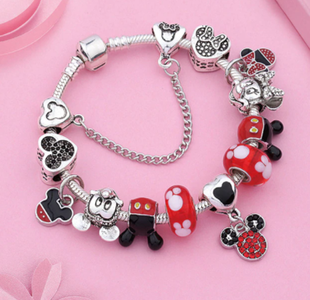 Silver Minnie and Mickey Charm Bracelet with Red Accents