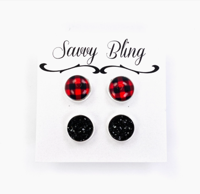 Red & Black Buffalo Plaid Druzy Stud Earrings