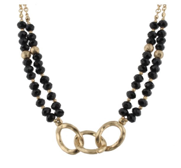 Black Beaded Necklace with Gold Rings