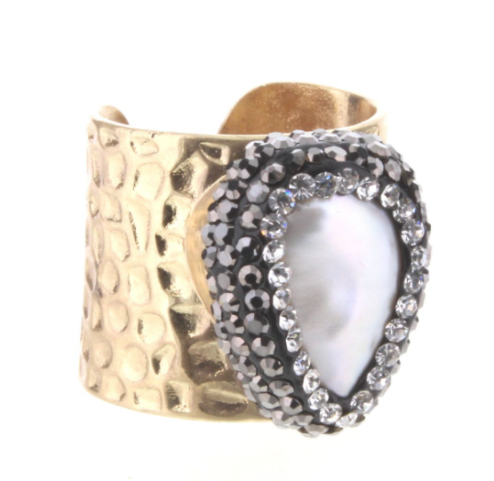 Gold Hammered Cuff Ring with Pearl Pave