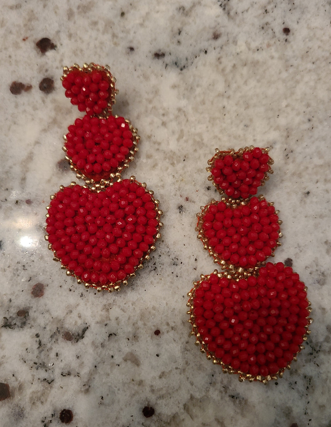 Luxury Beaded Heart Earrings - Red