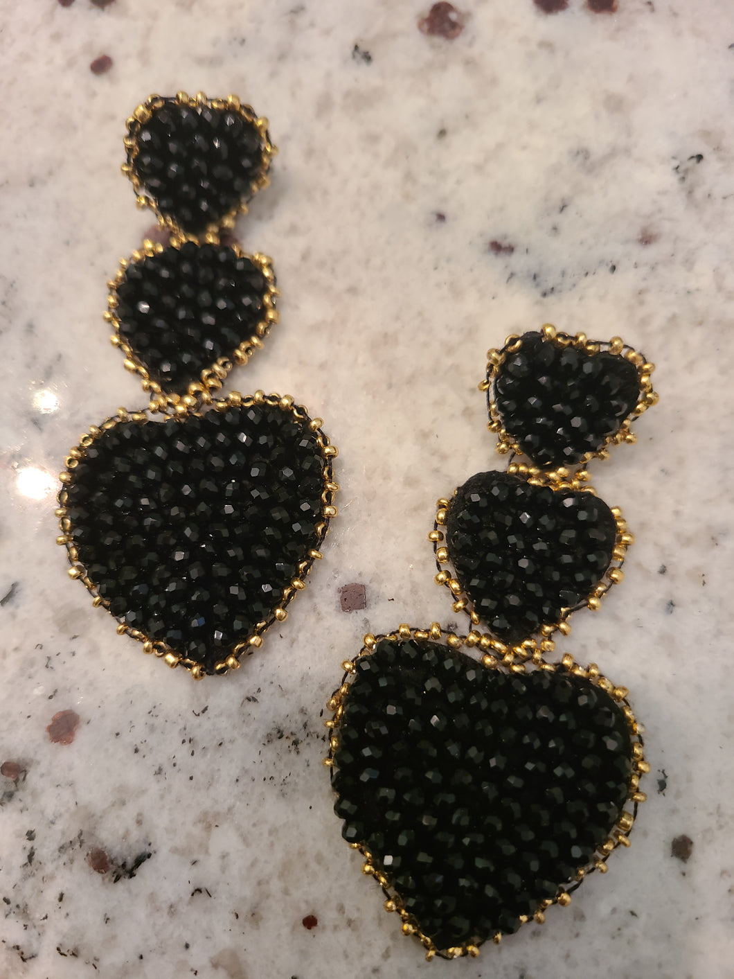 Luxury Beaded Heart Earrings - Black