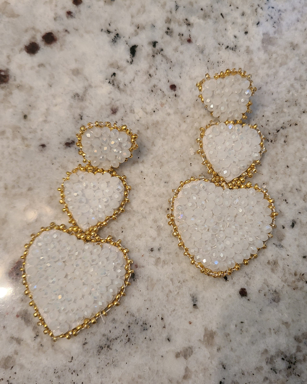 Luxury Beaded Heart Earrings - White