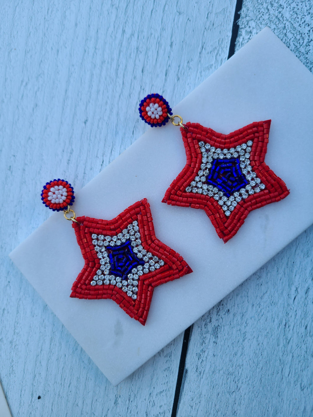 Luxury Beaded Earrings - Patriotic Red, White, and Blue Star