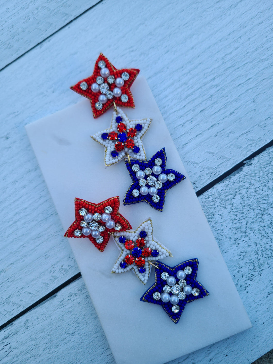Luxury Beaded Earrings - Patriotic Red, White, and Blue Stars