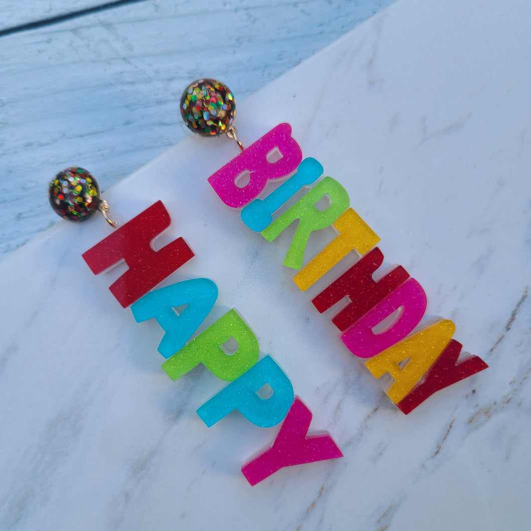 Luxury Beaded Earrings -  Glittered Happy Birthday
