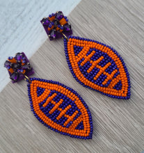 Load image into Gallery viewer, PURPLE AND ORANGE FOOTBALL SEED BEAD EARRINGS -Tigers
