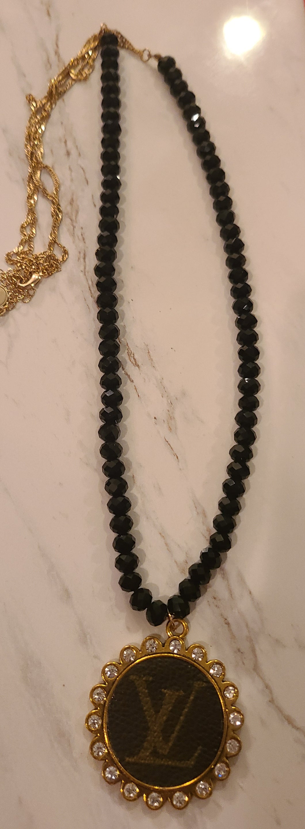 Black Crystal Bead LV Charm Necklace