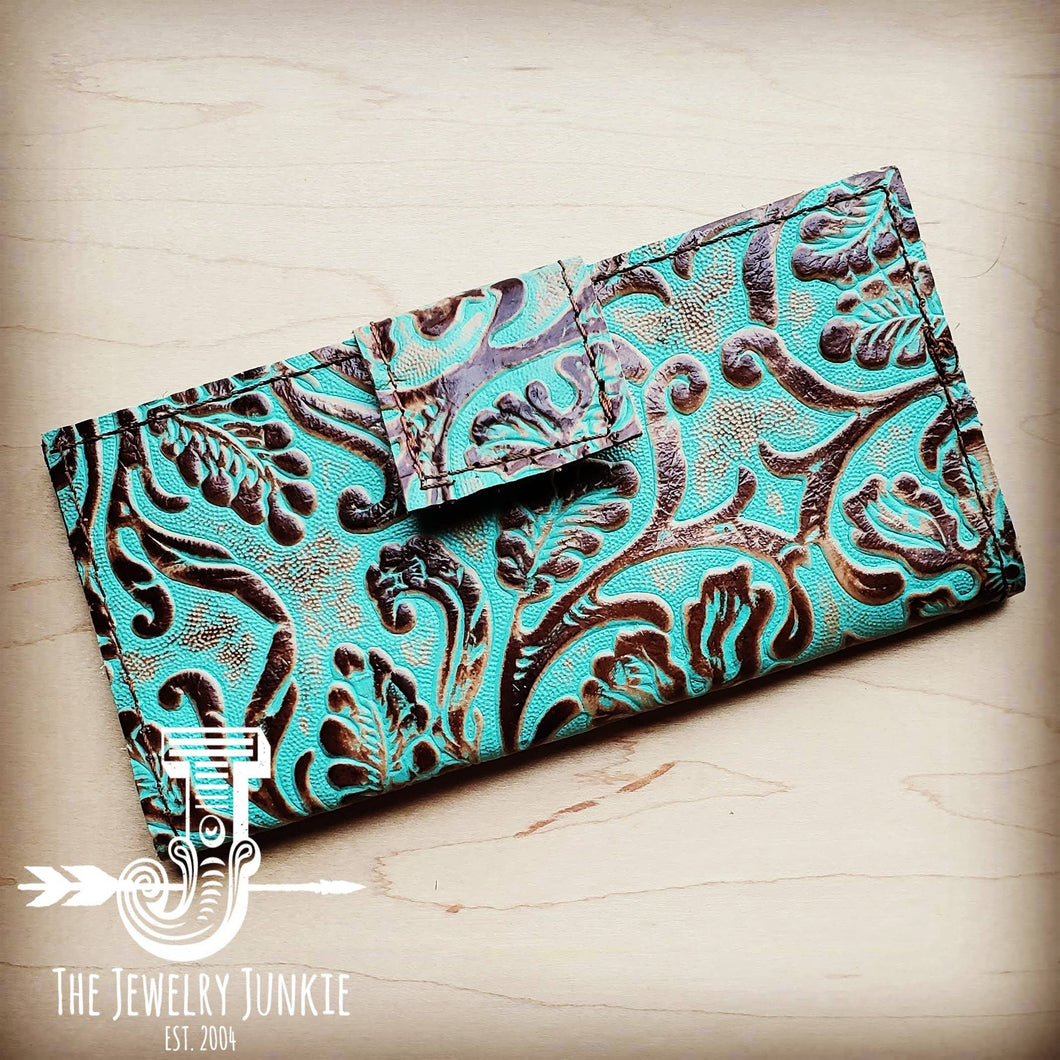 Embossed Leather Wallet in Cowboy Turquoise with Snap