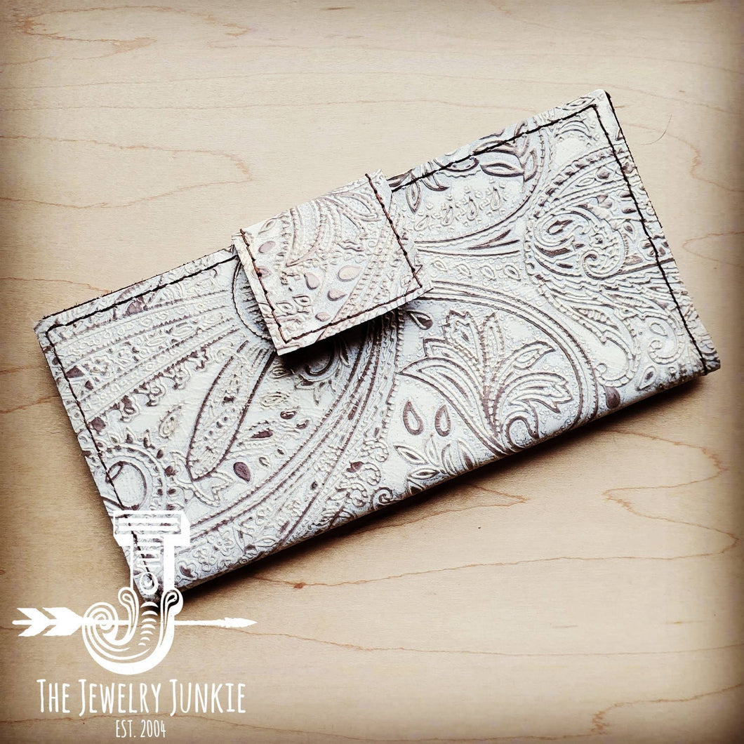 Embossed Leather Wallet in Oyster Paisley with Snap