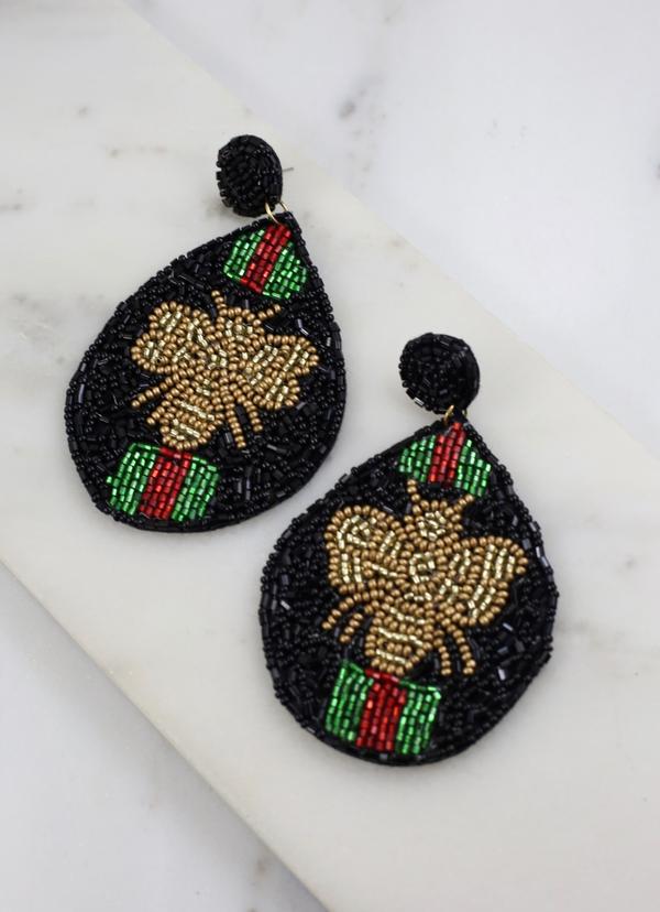 Black Queen Bee  Beaded Earrings with Red and Green Stripes