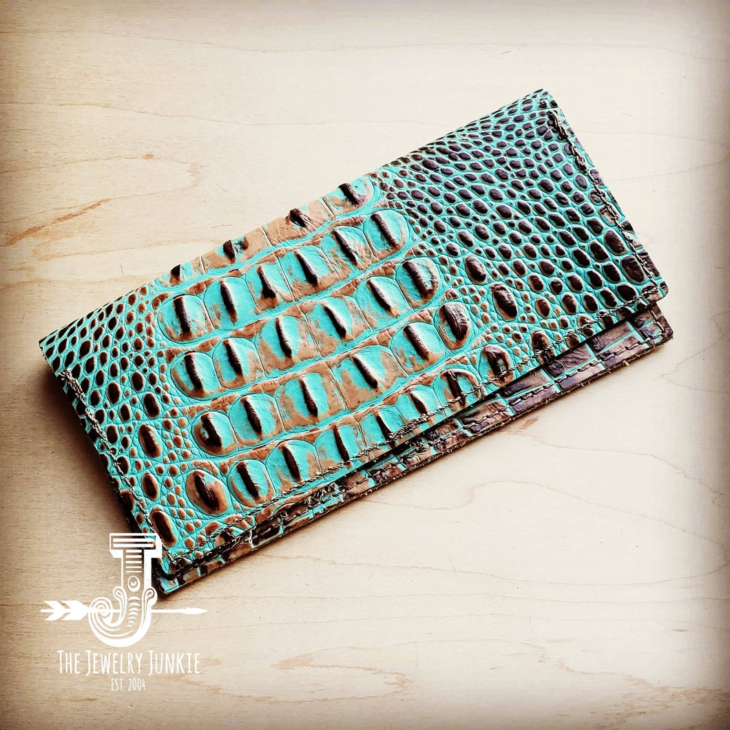 Embossed Leather Wallet-Brown and Turquoise Gator