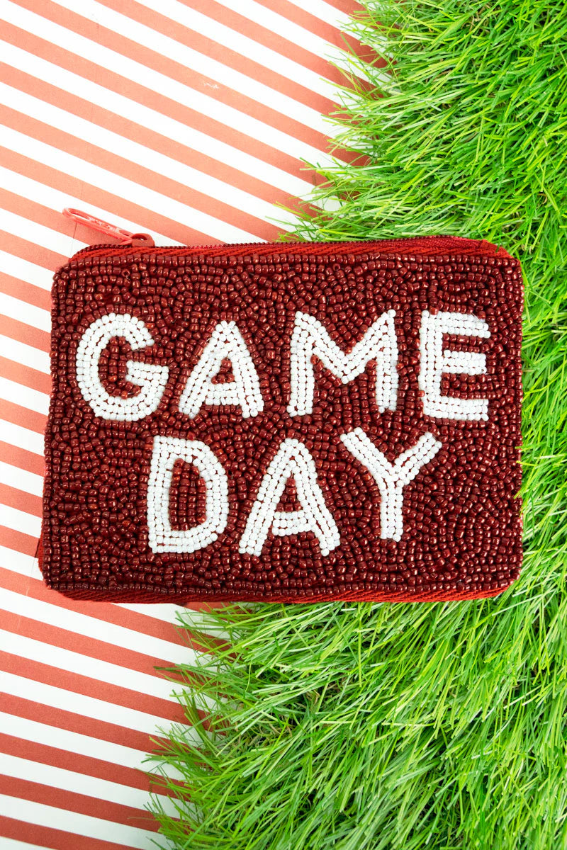 BURGUNDY AND WHITE 'GAME DAY' SEED BEAD COIN PURSE