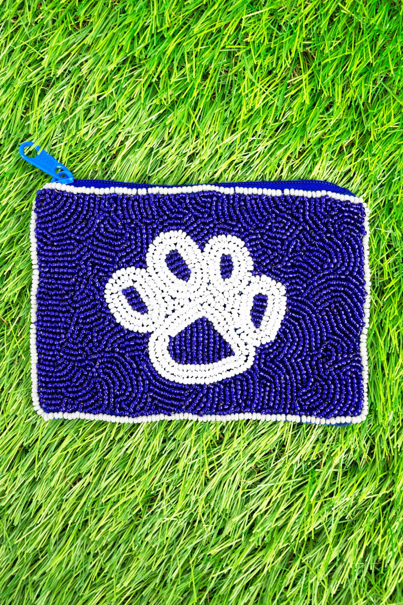 BLUE AND WHITE PAW PRINT SEED BEAD COIN PURSE