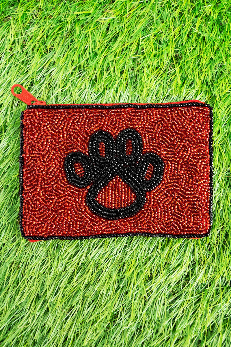 RED AND BLACK PAW PRINT SEED BEAD COIN PURSE