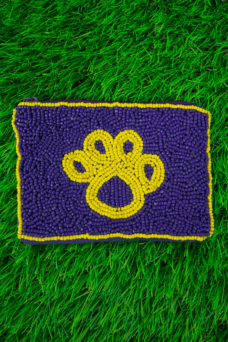 PURPLE AND YELLOW PAW PRINT SEED BEAD COIN PURSE