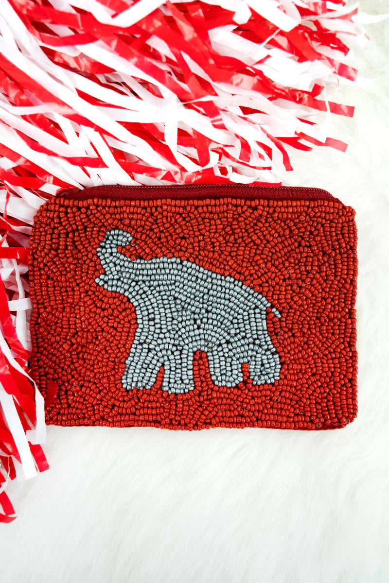 RED AND SILVER ELEPHANT SEED BEAD COIN PURSE