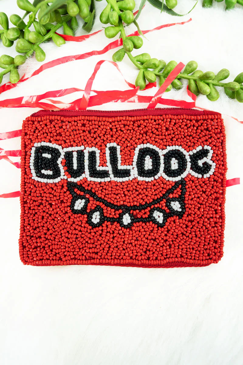 RED AND BLACK BULLDOG SEED BEAD COIN PURSE