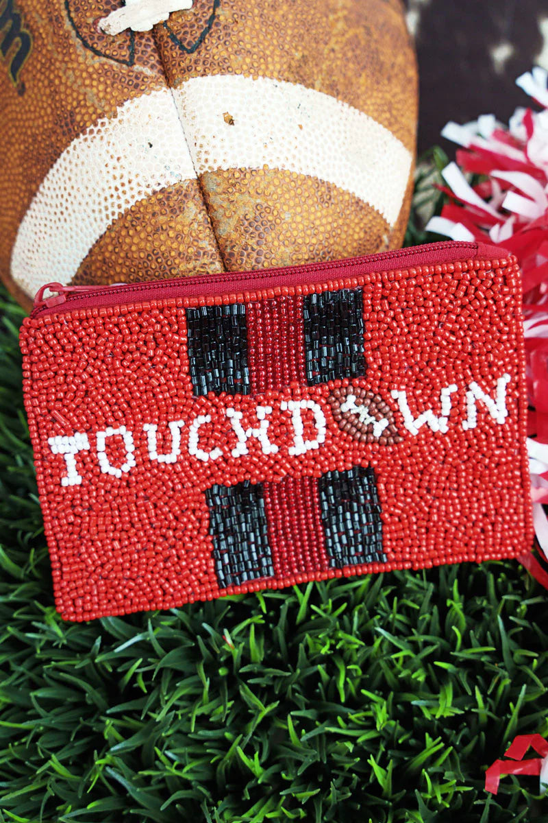 RED AND BLACK 'TOUCH DOWN' SEED BEAD COIN PURSE