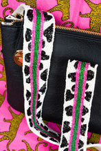 Load image into Gallery viewer, WHITE COW PRINT SEED BEAD BAG STRAP - PINK AND GREEN STRIPES
