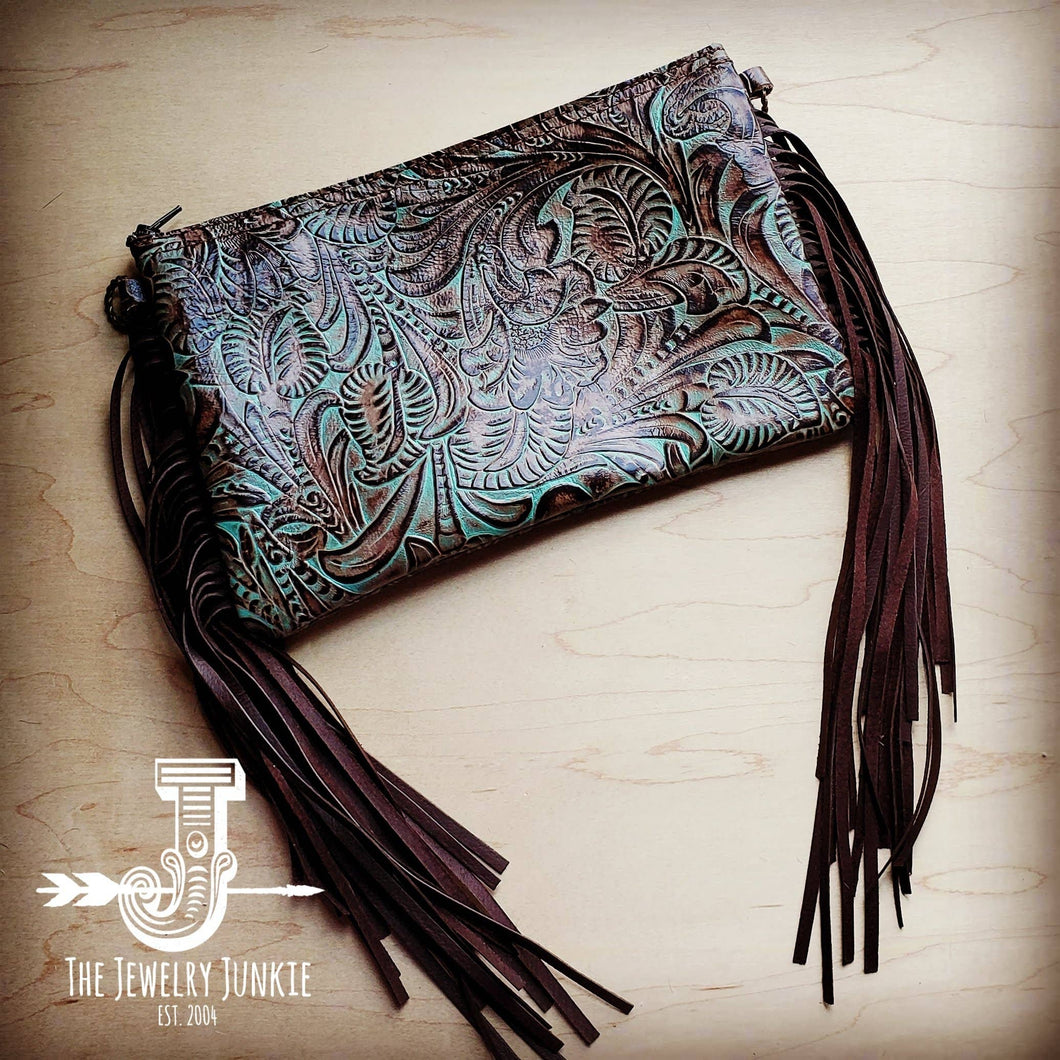 Embossed Turquoise Brown Floral Leather Clutch Handbag