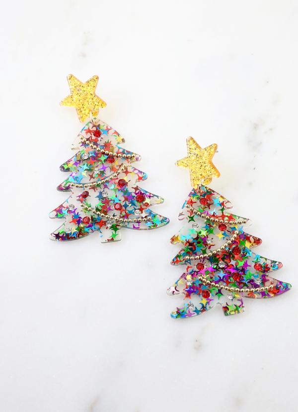Sequin Christmas Tree Earrings  Multi Color with Gold Star