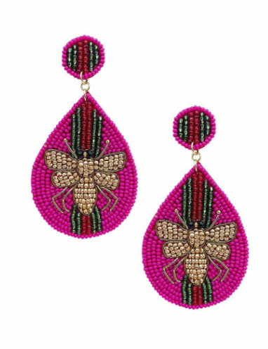 Fuchsia Queen Bee  Beaded Earrings with Red and Green Stripes