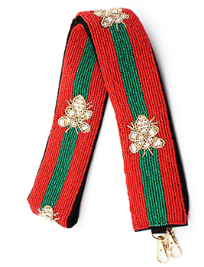 Red and Green with Gold Bee Striped Beaded Crossbody Strap