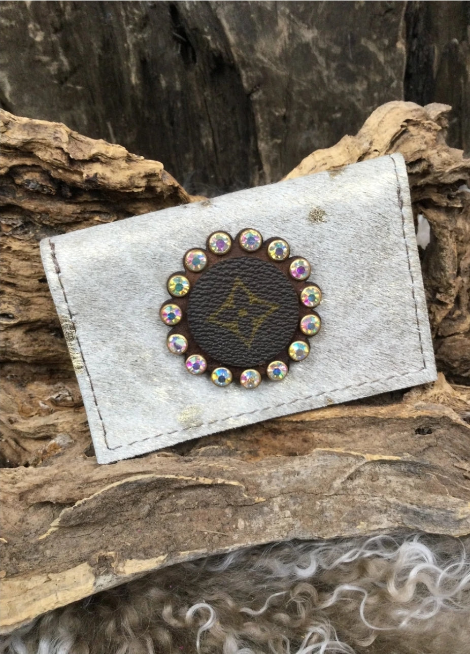 White and Gold LV Credit Card Wallet with Crystals