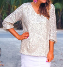 Load image into Gallery viewer, Ladies Champagne V Neck Sequin Top
