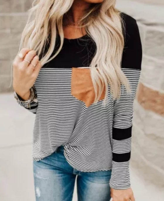 Black and White Stripe Shirt with Pockets