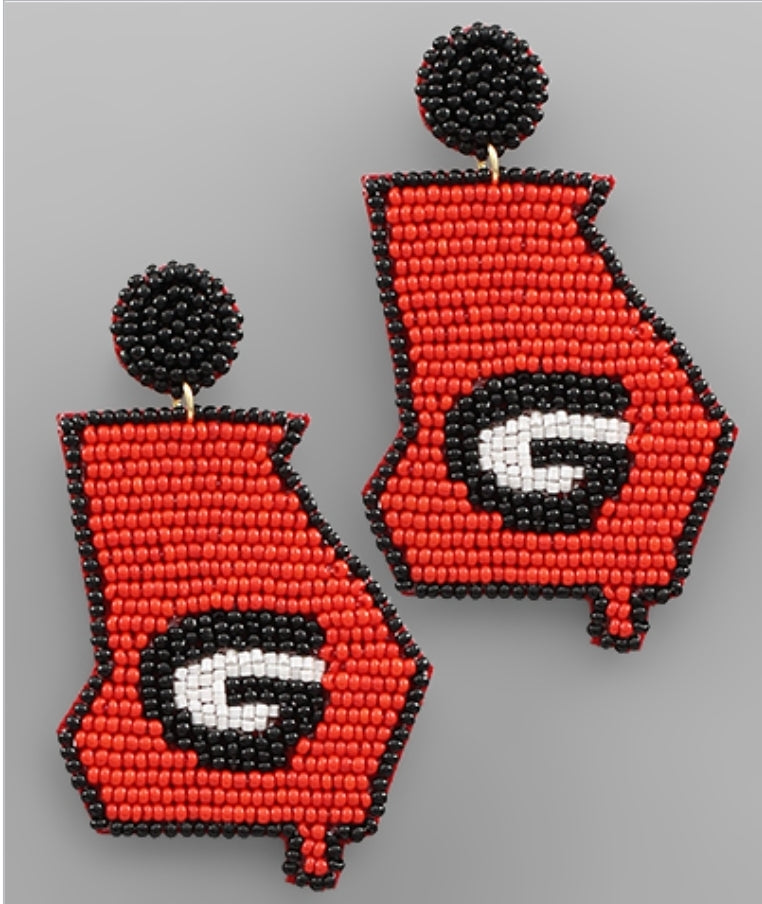 RED AND BLACK SEED BEAD GEORGIA BULLDOG EARRINGS - STATE