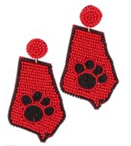 RED AND BLACK SEED BEAD GEORGIA BULLDOG EARRINGS - STATE with Paws