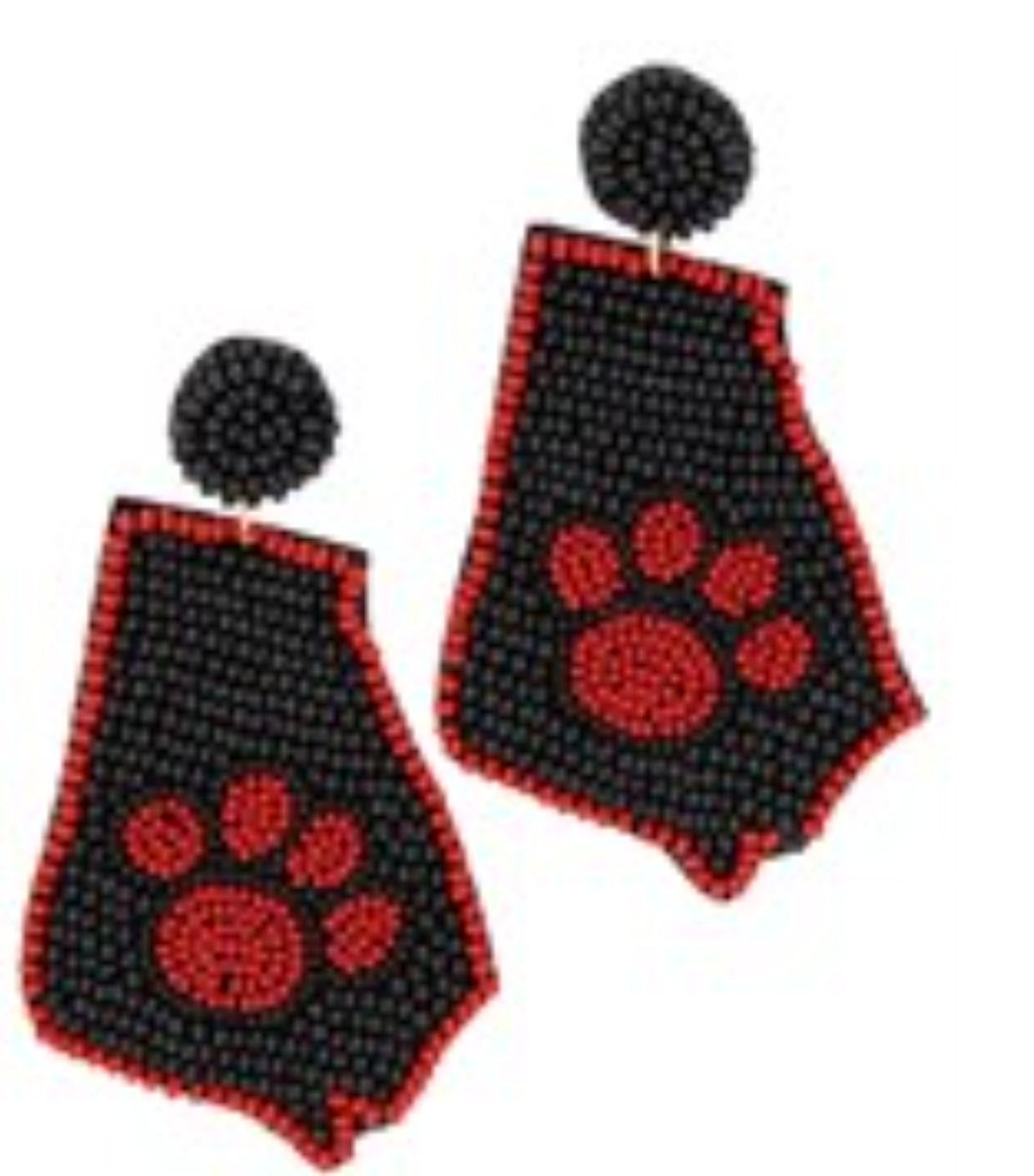 RED AND BLACK SEED BEAD GEORGIA BULLDOG EARRINGS - STATE with paws