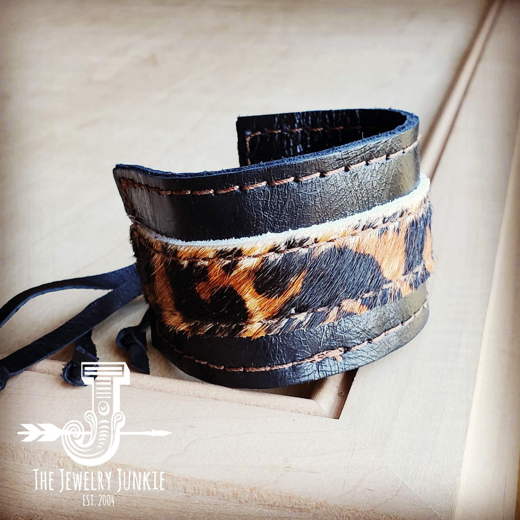 Leather Cuff W/ Adjustable Tie in Black and Leopard