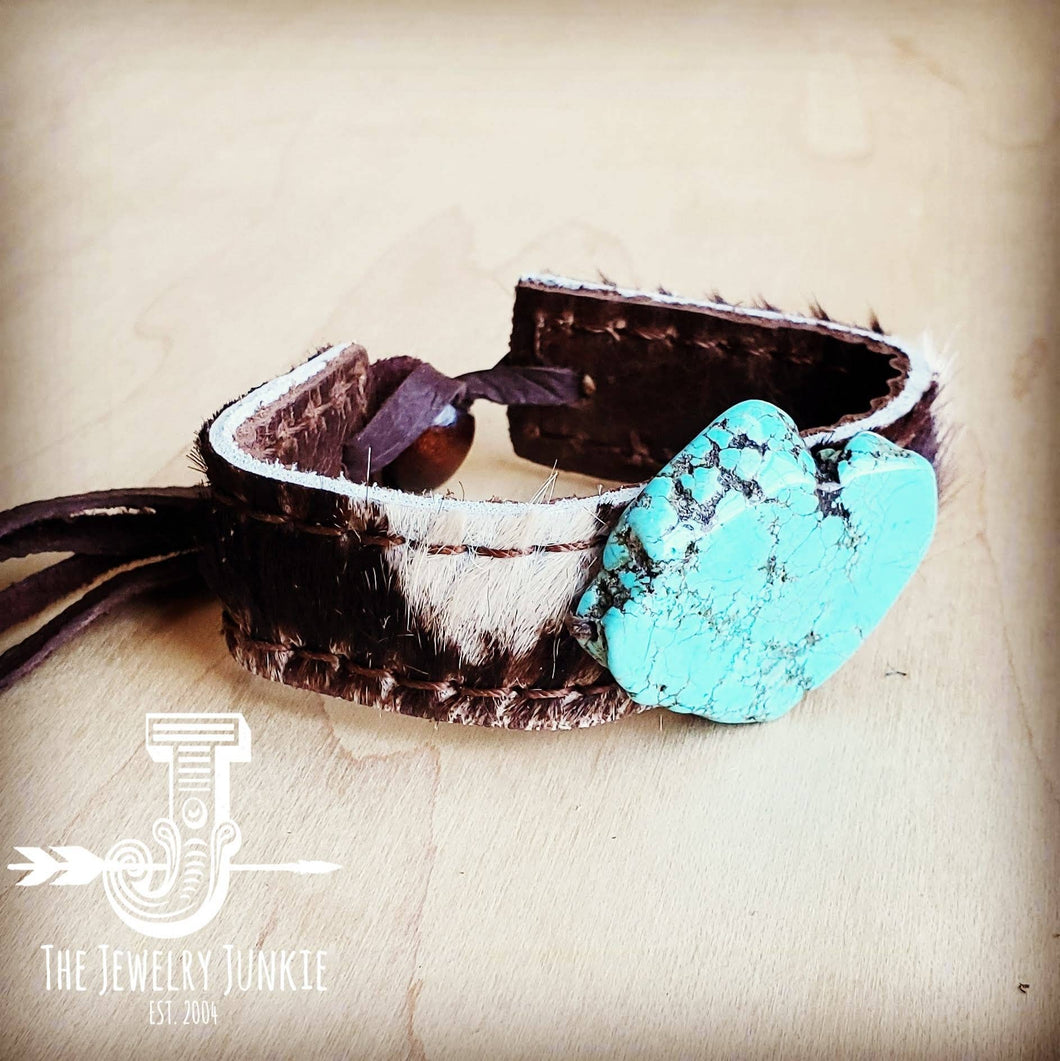 Narrow Leather Cuff with Turquoise Slab-Brindle Hide
