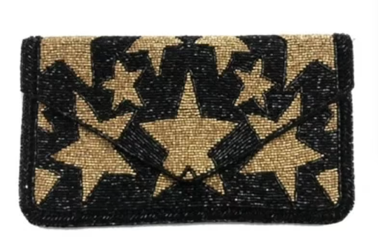 Luxury Black with Gold Stars Beaded Envelope Handbag