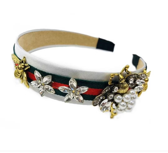 White Head Band with Red and Green Stripes Headband With Gold Accents and Pearls