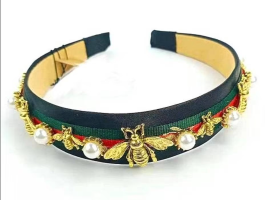 Black HeadBand with Red and Green Stripes Headband With Gold Accents and Pearls