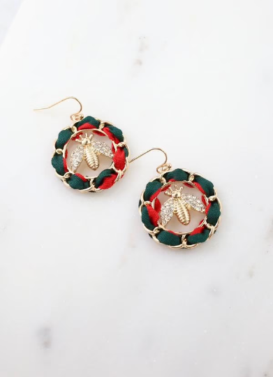 Ladies Queen Bee Red and Green  Ribbon Earrings