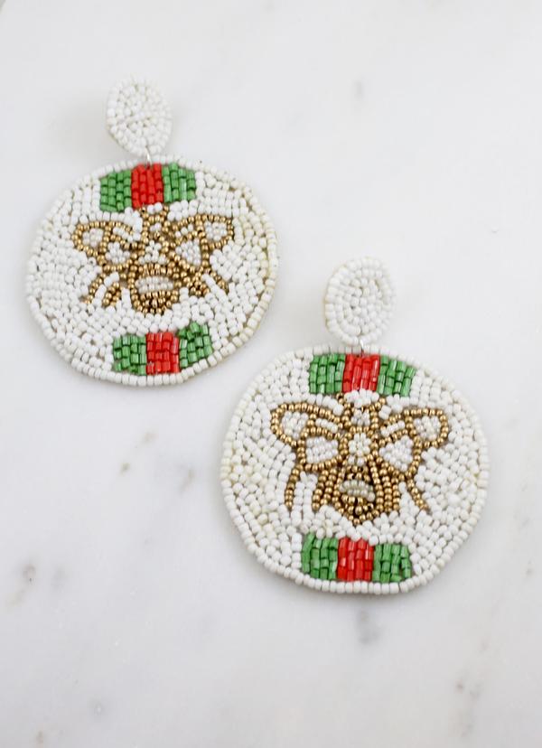 White Bee Beaded Earrings with Green and White Strip