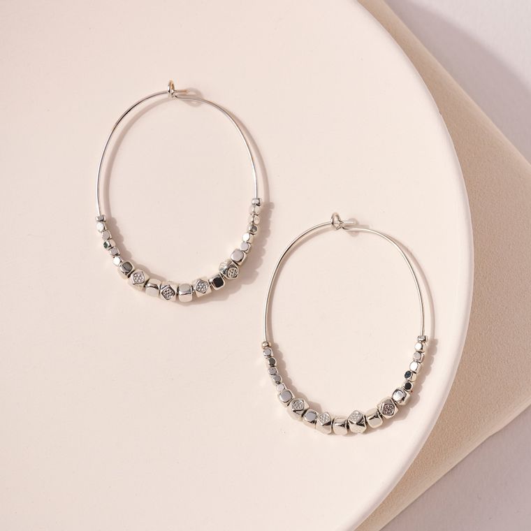 Metal Beaded Wire Hoop Earrings - Silver