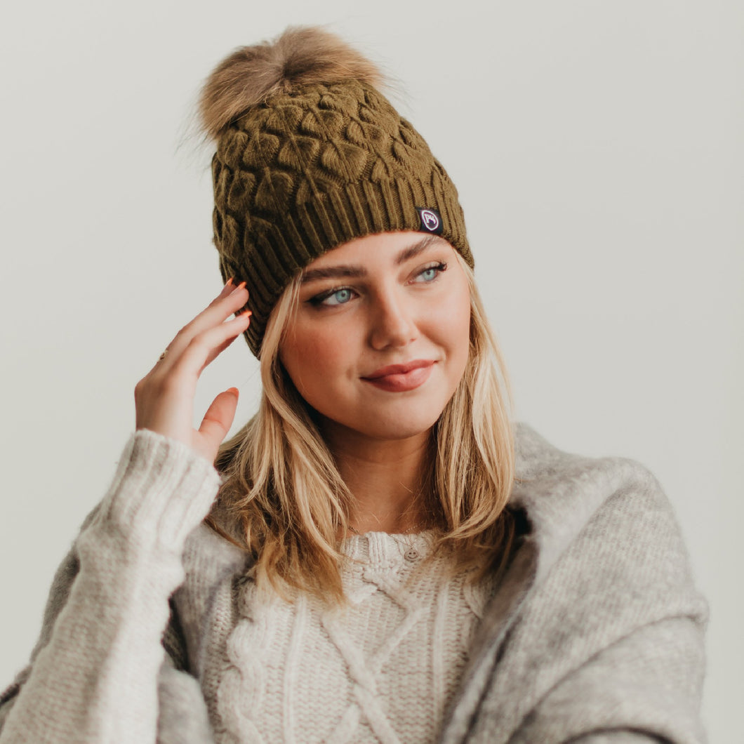 Cashmere Woven Beanie Pom - Olive Green
