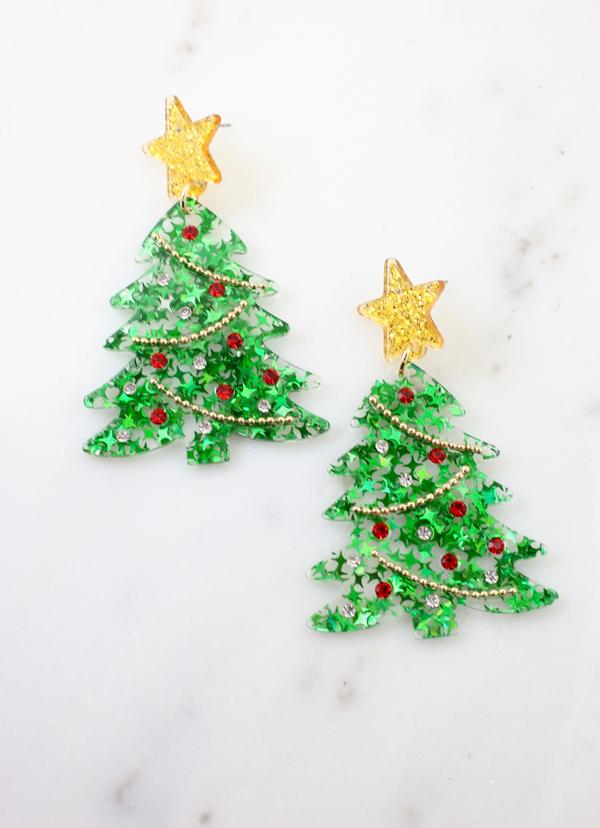 Sequin Christmas Tree Earrings  Green with Gold Star